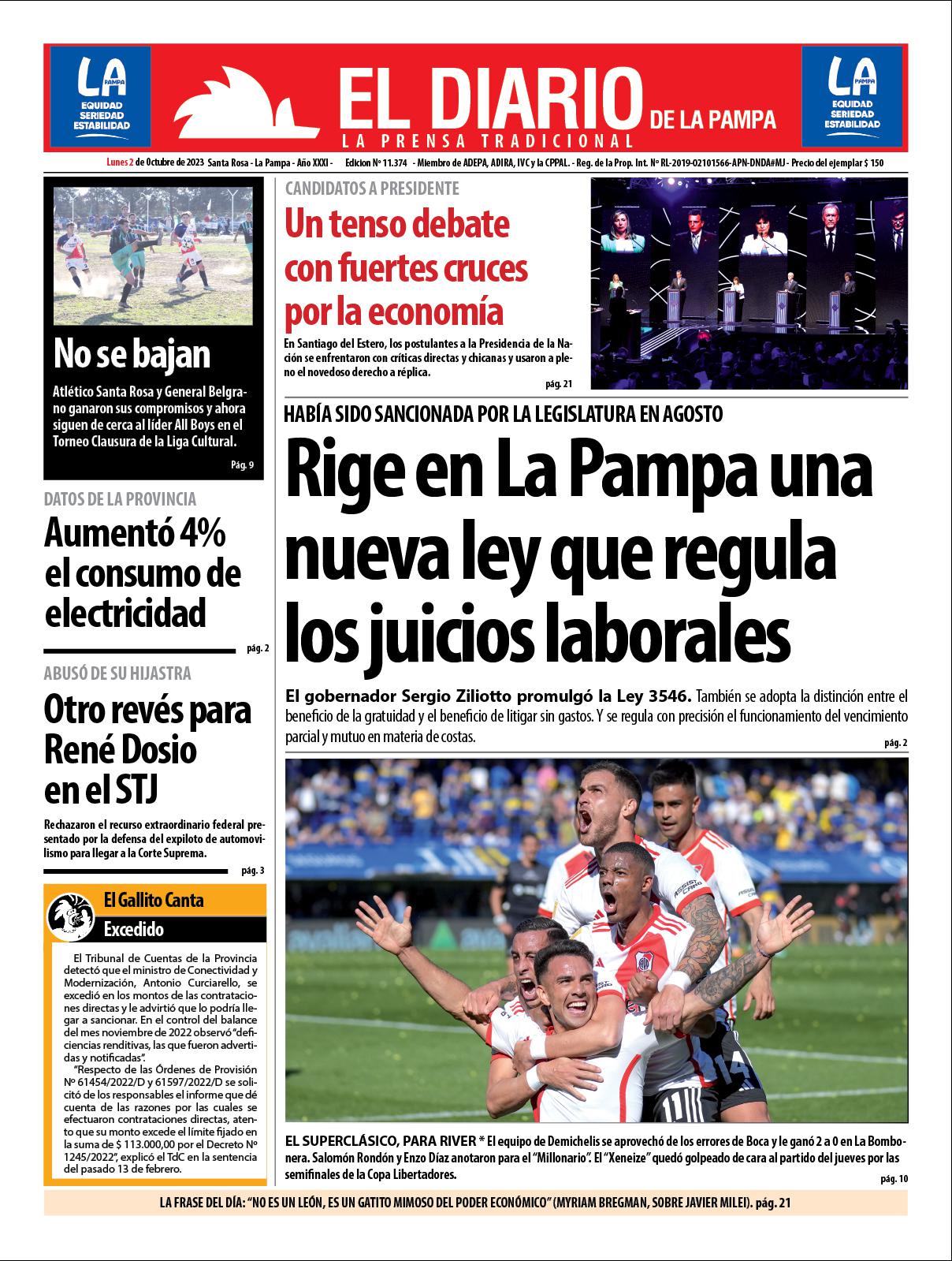Tapa de El Diario en papel  lunes 02 de octubre de 2023